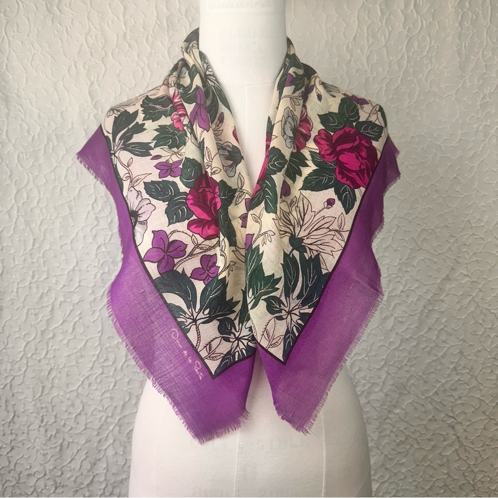 Oscar De La Renta Vintage Wool Scarf Square Japan Floral Wrap
